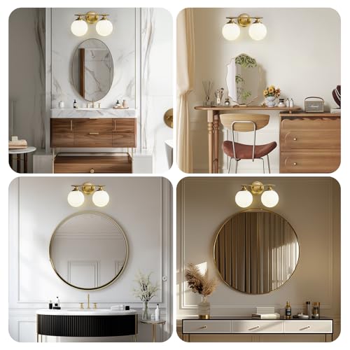 Image of Rayogale Bathroom Light Fixtures, 2-Light Gold Vanity Lights Over Mirror with White Glass Shade, 15 Inch Bathroom Wall Sconces for Bedroom Living Room (Bulbs Not Included)