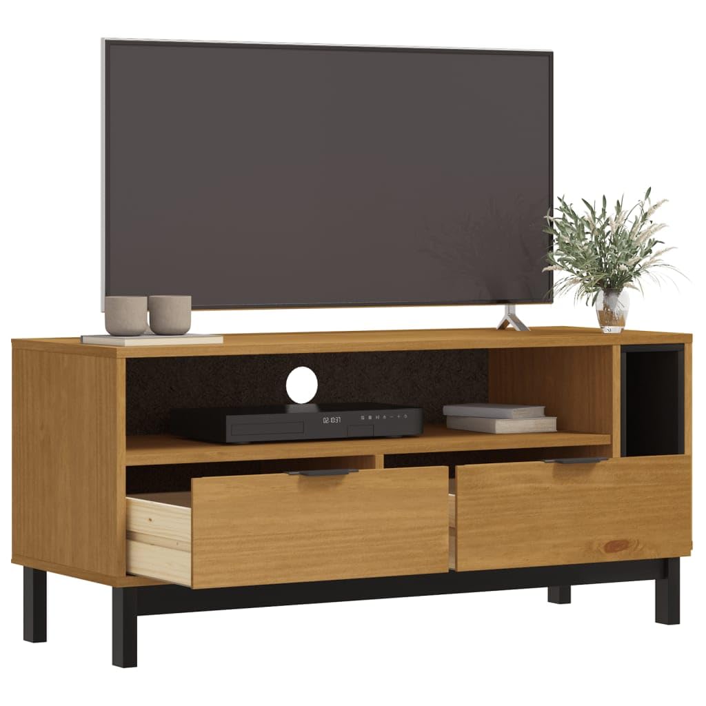 FLAM - Mobile per TV in legno di pino massiccio effetto rovere, 110 x 40 x 50 cm, con vano portaoggetti, cassetti, scomparti aperti e canalina per cavi, per soggiorno, home theater, camera da
