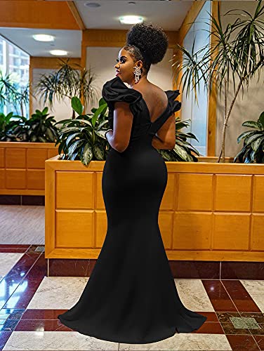 BEAGIMEG Women\'s Sexy Ruffle Sleeve Elegant V Neck Backless Evening Formal Maxi Dress Black