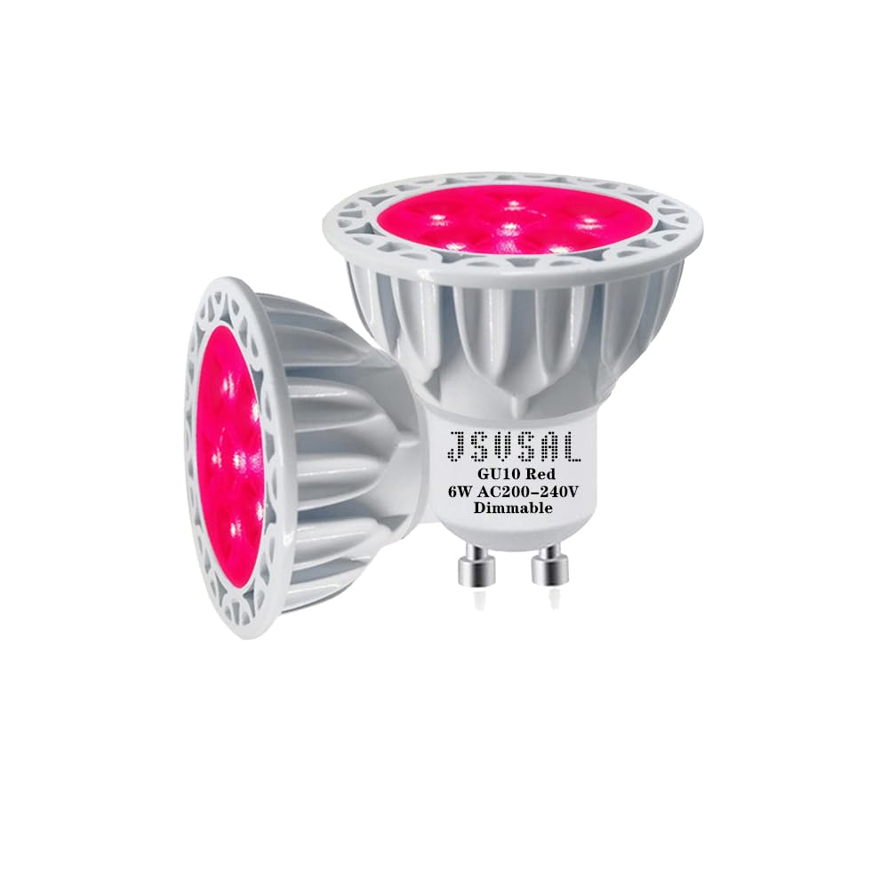 JSVSAL MR16 (GU10 Base) LED Light Bulb,Dimmable,AC 200-240V,Red, 6-Watt(50-Watt Equivalent), Aluminum Casing,40-Degree MR16 LED Spot Track Light Bulb,2-Pack