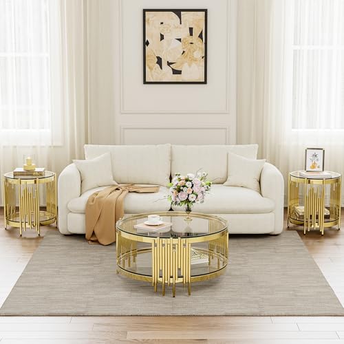 Round Glass Coffee Table Set of 3, 2-Tier Luxury Living Room Table and 2 End Tables, Clear Tempered Glass Tabletop with Gold Mirrored Stainless Steel Table Base, for Living Room, Office, Apartment