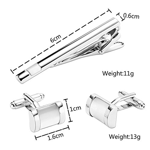 AmDxD Tie Clips Manchetknopen Set Zilver Wit Rechthoek Manchetknopen en Tie Clip Set RVS Tie Clip Bruiloft Set 1x1.6CM - Image 3