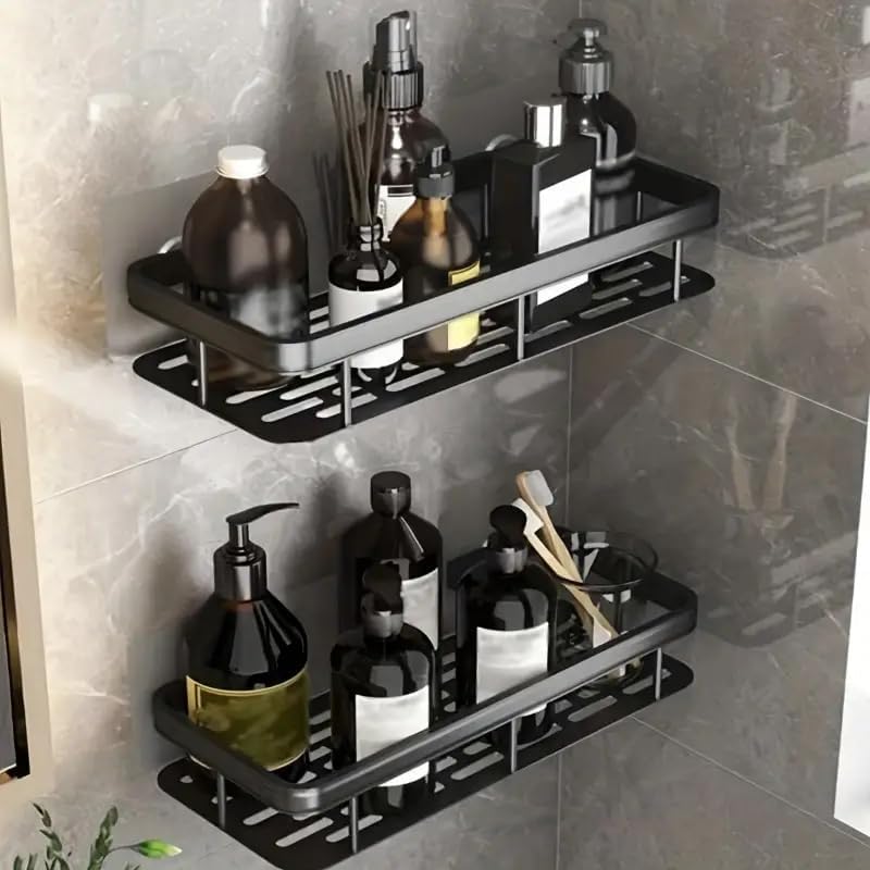 Image of KINCMAX 2Pcs Aluminium Self Adhesive Wall Mounted Shelf for Bathroom Multipurpose Organizer Wall Mounted Bathroom Rack Space Saving Without Drill Wall Shelf Easy To Instal Wall Stand (Black)