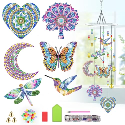 Lxmsja Mandala Diamond Art Painting Wind Chimes for Garden Diy Hanging Crystal Suncatcher