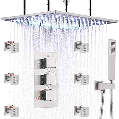 HOMEDEC Shower Jets System, 20 Inch Ceiling LED Rainfall Shower Head with 6 Body Sprays (Volume Adjustable) and High Pressure Handshower, Rough-in Mixer Valve Included Shower Combo Set, Brushed Nickel Cover