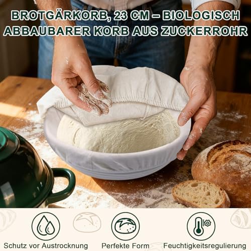 Bild 5 - Gusseisen Topf Brot Backen,5,7L Bräter Emaille Schmortopf mit Deckel und Griffen,26 cm Dutch Oven,Brotbacktopf mit Gärkorb,Schmortopf Gusseisen Topf für Küche Backen Schmoren & Braten (Grün)