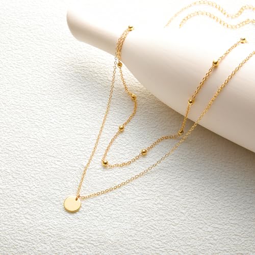 Mesovor Gold Layered Necklaces for Women, 18k Gold Plated Dainty Trendy Disc Pendant Necklace | Beaded Coin Diamond Snake Chain Choker Necklace Jewelry Gifts - Image 7