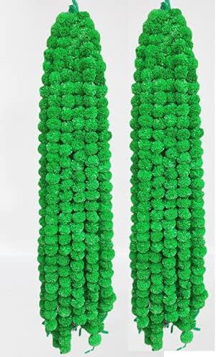 RAGHAV Artificial Marigold Fluffy Flowers Garlands Strings For Home Decorations Bedroom Pooja Room, Green Marigold, Pack Of 5, 154 Cm