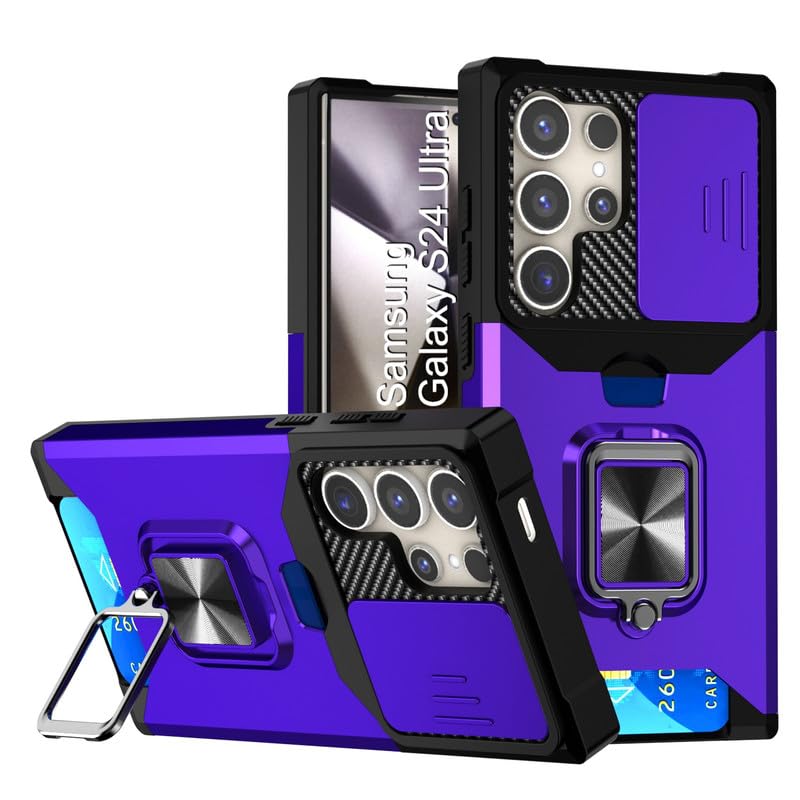 Image of LuxuryKase Shockproof Armor Case for Samsung Galaxy S24 Ultra | Slide Camera Cover | Hidden Card Slot | Rotating Ring Kickstand | Magnetic Car Mount Support | Military Grade Protection - Purple