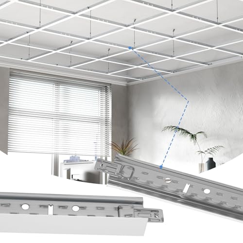 LooYee 25 PCS 144 Inch Main Beam Cross Tee Drop Ceiling Grid System 12 Ft Galvanized Steel Rust & Fire Resistance Ideal for Basement Living Room Garage Kitchen Bathroom White