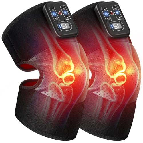 Cordless Knee Massager with Heat Vibration for Pain Relief, Electric Heated Knee Brace with 5 Heat Levels and 3 Massage Mode, Gifts for Men Women (Black, Pair)