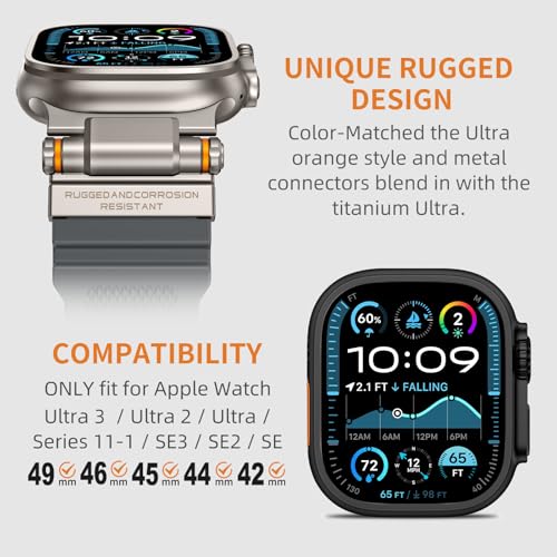 Image of FOAMUNOC Rugged Band Compatible with Apple Watch Ultra 3 /2 /1 Band 49mm /46mm /45mm /44mm /42mm, Metal Connector with Strap for iWatch Ultra Series 11 /10 /9 /8 /7 /6 /SE3 /SE2 /SE /5 /4 /3 /2 /1, Gray /Titanium