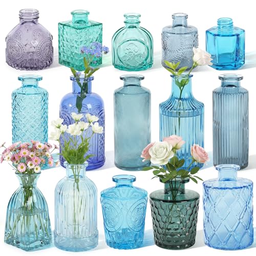 Set of 15 Blue Colored Glass Bud Vases - Small...
