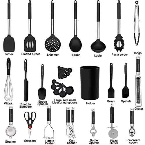 Kitchen Utensils Set-Silicone Cooking Utensils-32 Pcs Non-Stick Silicone Cooking Kitchen Utensils Spatula Set With Holder-Best Kitchen Cookware With Stainless Steel Handle (Black) #TOP1