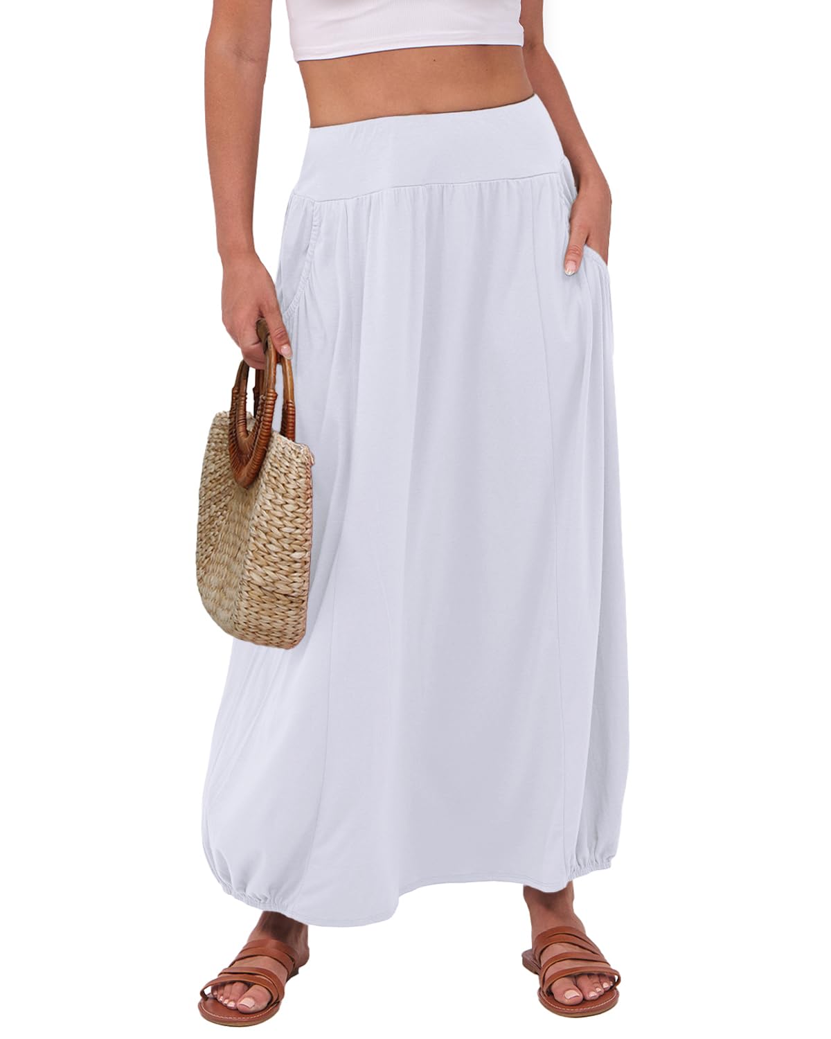 ANRABESS Women's Summer Long Maxi Skirts 2025 Trendy Ankle Length High Waisted Boho Flowy Beach Skirt with Pockets Fashion