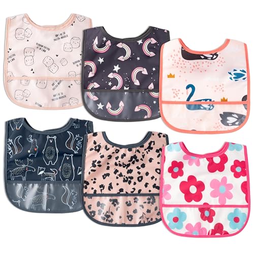 Image of 2ooya 6Pcs Waterproof Toddler Bibs Baby Feeding Bib Set with Crumb Catcher Pocket, Infant Adjustable Baby Teething Bib, Babies Sleeveless Animals Food Bibs Keepsake Gift for Baby Shower, 6-24 Months