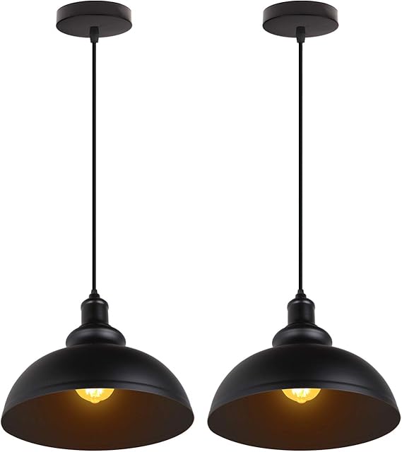 iDEGU iDEGU Hanglampen, industriële kroonluchter, plafondlamp, vintage, E27, retro, metaal, voor keuken, eetkamer, woonkamer, restaurant, diameter 29 cm, zwart + zwart, 2 stuks