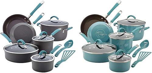 Rachael Ray Cucina - Juego de ollas y sartenes antiadherentes anodizadas duras, 12 piezas, gris con asas azules y juego de ollas y sartenes