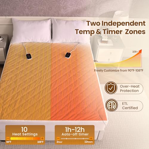 Image of Bearhug Electric Heated Mattress Pads Queen Size Dual Controllers 60 inchx80 inch Waterproof Bed Warmer 21 inch Deep Pocket 10 Heat Settings 12-Hour Timer Machine Washable White