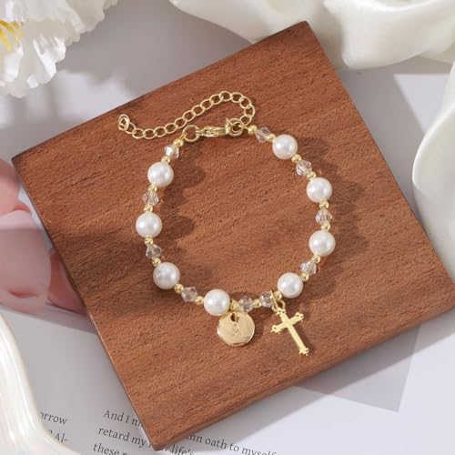 Initial A-Z Letter First Communion Gifts for Girls,Rosary Pearl Cross Bracelet for Christian Catholic Goddaughter2