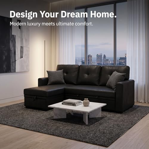 Image of 71 inch Black Convertible Sofa Bed, L-Shaped Pull Out Couch with Storage Chaise | TYBOATLE, Black Sleeper Sofa, Pull Out Couch Bed, Reversible Storage Chaise, Linen Fabric, Living Room, Apartment, Guest Room