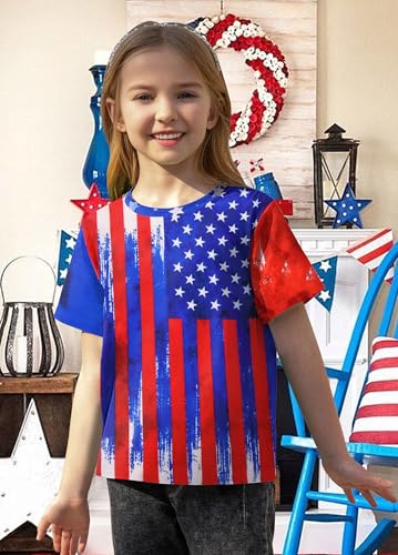 Image of CAZYCHILD Girls American Flag Patriotic Shirt Boys 4th of July Short Sleeves Tshirt USA Clothes for Kids 5-14Y