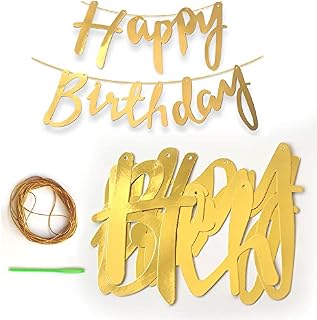 TOYVENTURES Gold Birthday Decorations, Gold Happy Birthday Banner Garland for Birthday Party Bunting Decorations (1 Piece, with Gold String Inside) (Banner Garland)