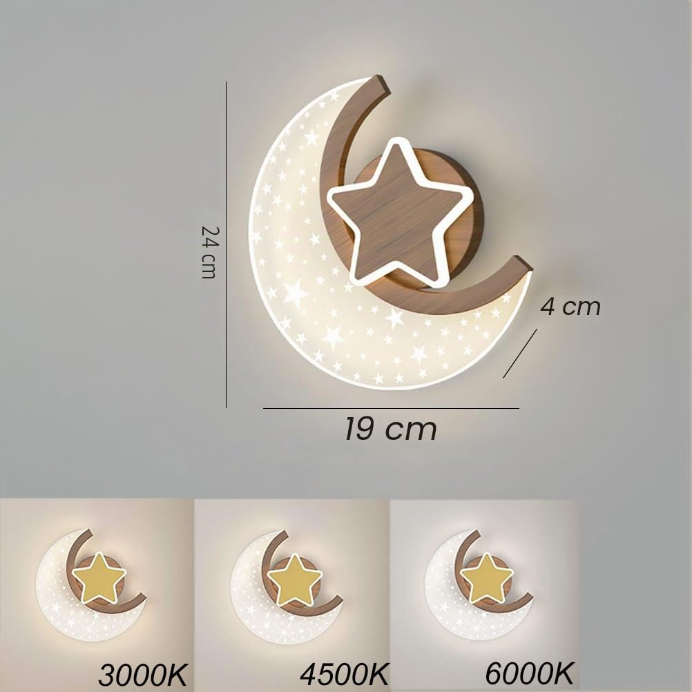 LED Mond Wandlampe Innen Holzoptik 12W Modern Kinder Wandleuchte Sterne und Mond Nachttischlampe 3 Farbtemperatur Junge Mädchen kinder Schlafzimmerlampe Nachtlicht Kinderzimmer Wandbeleuchtung,1 pcs.