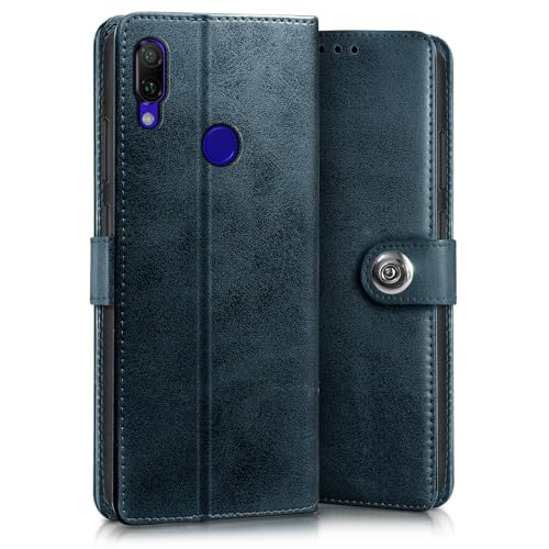 Image of WOW IMAGINE Shock Proof Flip Cover Back Case for Xiaomi Mi Redmi Note 7 | 7 Pro | 7S (Magnetic Button Flip Case | Wallet Pockets & Stand | Leather Finish | Oxford Blue)