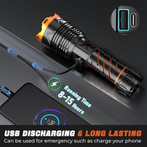 Image of Super Bright Flashlight High Lumens 100000 Rechargeable, Powerful Strong 50W LED, Long Lasting 15 Hours, Quick USB C Charge, Improved Single Click Design 3-Mode, LCD Display & Output, for Hiking Home