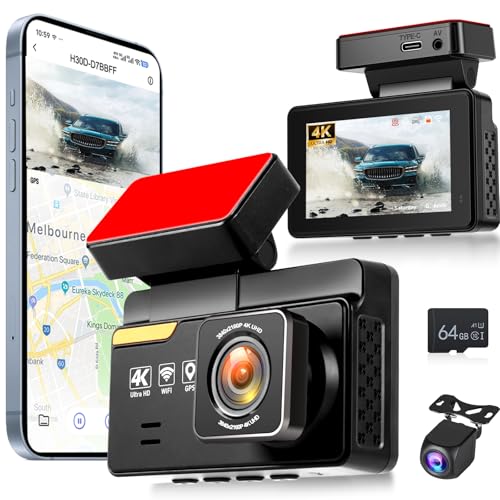 NHOPEEW 4K Dual Dash Camera for Cars with WiFi & APP Control - 3Inch Screen Dash Cam Front and Rear - 150° Wide Angle/GPS/G-Sensor/Loop Recording/Night Vision/ADAS/Split Screen + 64GB Card