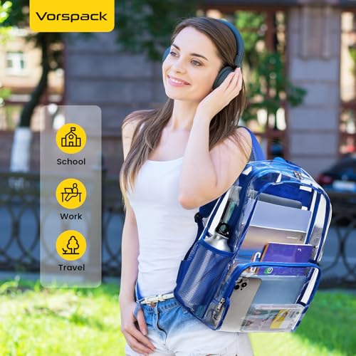 Image of Vorspack Clear Backpack for Girls and Boys, Large Clear Bookbag | Lightweight See Through Backpacks for School, Reinforced Straps, Heavy Duty Transparent Clear Bag for Work Travel Festival