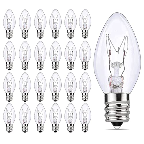 Christmas Lights 25 Pack C7 Outdoor String Light Replacement Bulbs, C7/E12 Candelabra Base, 5 Watt-Clear