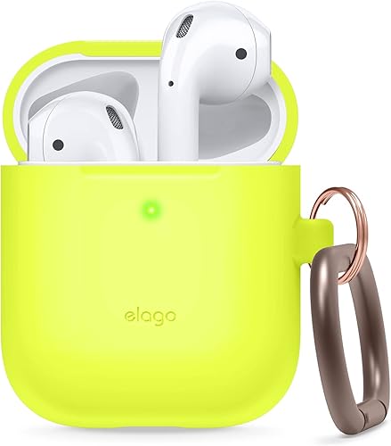 elago Funda de silicona con llavero, compatible con estuche de Apple AirPods 1 y 2, LED frontal visible, compatible con carga inalámbrica, silicona