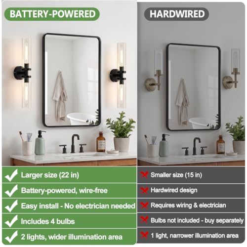 Image of Battery Operated Wall Sconces Set of Two, Matte Black Wall Light fixtures with Wireless Remote Control，Rechargeable Dimmable Wall Sconces with 3000K Bulbs for Bathroom Mirror Living Room Bedroom
