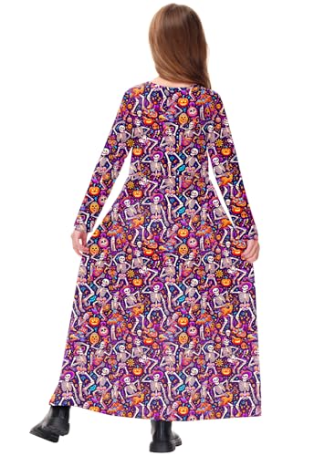 Image of Girls Halloween Maxi Dress Skeleton Day of Dead Sugar Skull Elastic Waist Pumpkin Dresses 7-8 Years