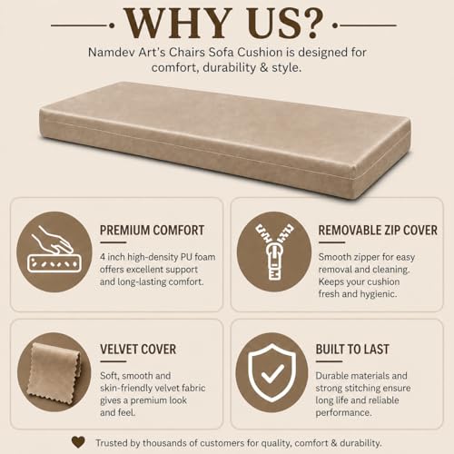 Image of Namdev Art's Chairs Sofa Cushion Pu Foam with Zip Cover 4 Inch Thickness, 3-Seater Sofa Foam Seat for Home (Beige, 60x24)