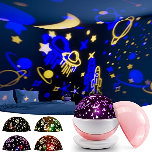 NAJILI Veilleuse Bébé Projecteur Ciel Etoile, Veilleuse Enfant Lumineuse, 4 Thèmes Projection + 360° Rotation Lampe Projecteur Enfant Lumineuse, LED Lampe de Chevet,Cadeau pour Noël,Anniversaire(Rose)