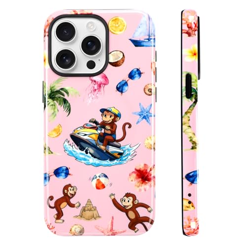 Image of Magnetic for iPhone 15 Pro Case [Compatible with Magsafe] Cute Summer Beach Monkeys Pattern Design, Full Body 2 in 1 Shockproof Scratch Resistant Protective Cover for Women Girl