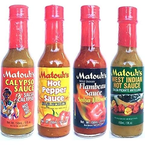 Matouks Hot Sauce Variety Pack 5 oz: West Indian Hot Sauce 5 oz, Calypso Hot Sauce 5 oz, Hot Pepper Sauce 5 oz, Flambeau Hot Sauce 5 Oz. Cover