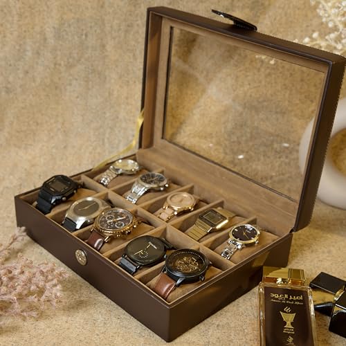 Image of Leather World Faux Leather Watch Box Organizer For Men & Women - Wrist Watch Box Holder 10 Slots - Removable Pillows Display Case - Gift for Loved Ones - Brown
