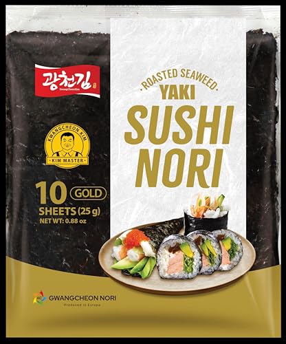 Yaki Sushi Nori Gold – Hojas de gasas asadas premium | 100% natural, crujiente, verde oscuro Nori | Calidad coreana por Gwangcheon Nori – 10 hojas – 25g