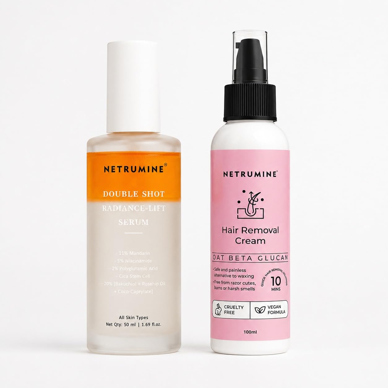 Double Shot Radiance Lift Serum & Hair Removal Cream Combo Pack | Face Brightening Serum with Niacinamide, Bakuchiol & Rosehip Oil + Oat Beta Glucan Hair Removal Cream | Skin Care & Grooming Set | Unisex | 50ml + 100ml-image-43