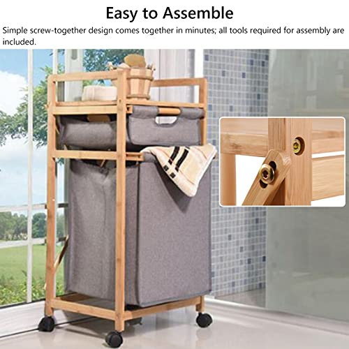 Multi-Function Storage Trolley Organizer Cart Bamboo 2 Compartment Laundry Basket with Pull Out Hamper & Storage Shelf, Nursery Laundry Sorter Cart with Wheels for Boys Girls Clothes