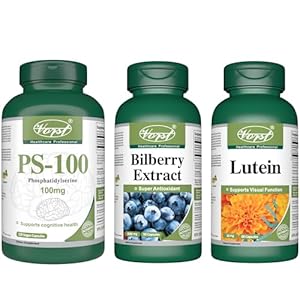 VORST Phosphatidylserine 100mg 120 Vegan Capsules (PS-100) and Bilberry Extract 90 Capsules and Lutein 60 Capsules | Cognitive and Vision Health Supplements | (Combo Bundle 3 Bottles)