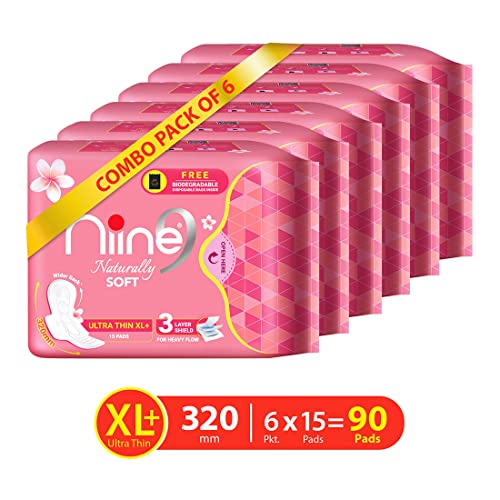 Image of NIINE Naturally Soft Ultra Thin XL+ Sanitary Napkins for Heavy Flow (Pack of 6) 90 Pads with Free Biodegradable Disposal Bags