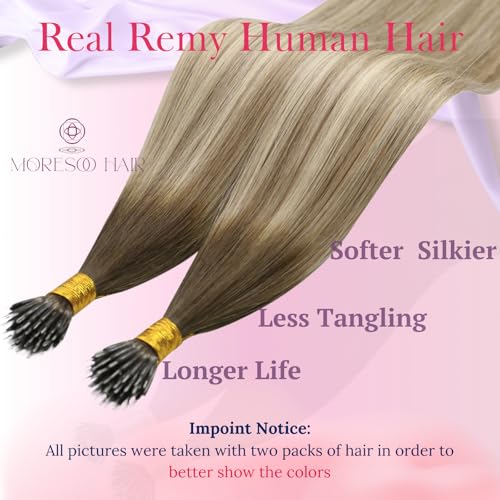 Moresoo Nano Hair Extensions Real Hair 16 Inch Nano Bead Human Hair Extensions Ombre Dark Brown to Chestnut Brown with Medium Blonde Cold Fusion 1G/S 50G/Pack #3/8/22 - Image 2