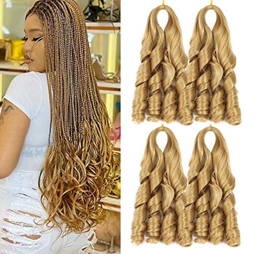 20inch New Loose Wavy Braiding Hair Pre Stretched French Curl Braiding Hair (4packs 150g/pack)Honey Blonde French Curles Crochet Braid Hair Synthetic Hair Extensions for Black Women (20" 27# 4packs)