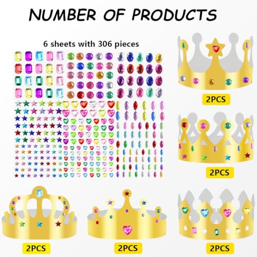 Gold Paper Crowns, 10Pcs Birthday Crowns with 6 Sheets Jewels Gem Stickers - image 2