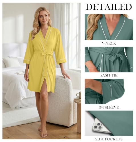 Image of PrinStory Womens Robe Knee Length Soft Knit Bathrobe S-2XL | V-Neck 3 /4 Sleeve Robes with Pockets, Lightweight, Breathable Bath Robe for Shower, Spa, Travel, Home, Party, Nursing